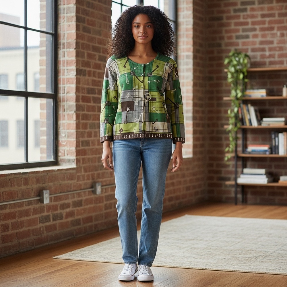 Cabi Green Keys Lock Print Button Front Cardigan Sweater Lg